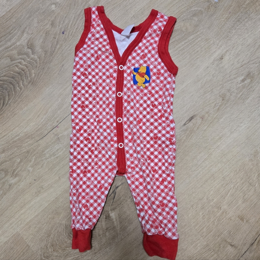 Winnie The Pooh Vintage Pooh Bear Red Gingham Sleeveless Snap Onesie Size 0-3M